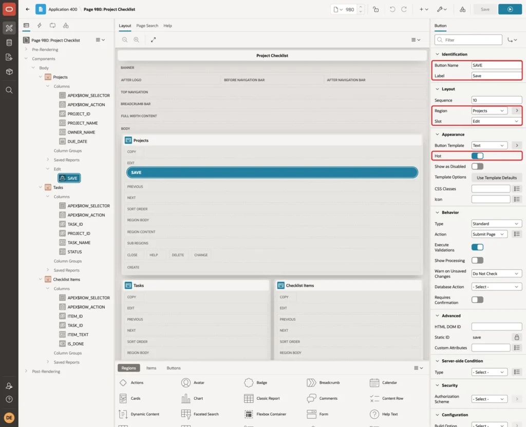 Button SAVE with Label Save, Region Projects, Slot Edit and Hot on marked with red boxes
