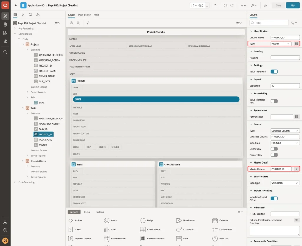 Column PROJECT_ID of the Tasks grid with Type Hidden and Master Column PROJECT_ID marked with red boxes