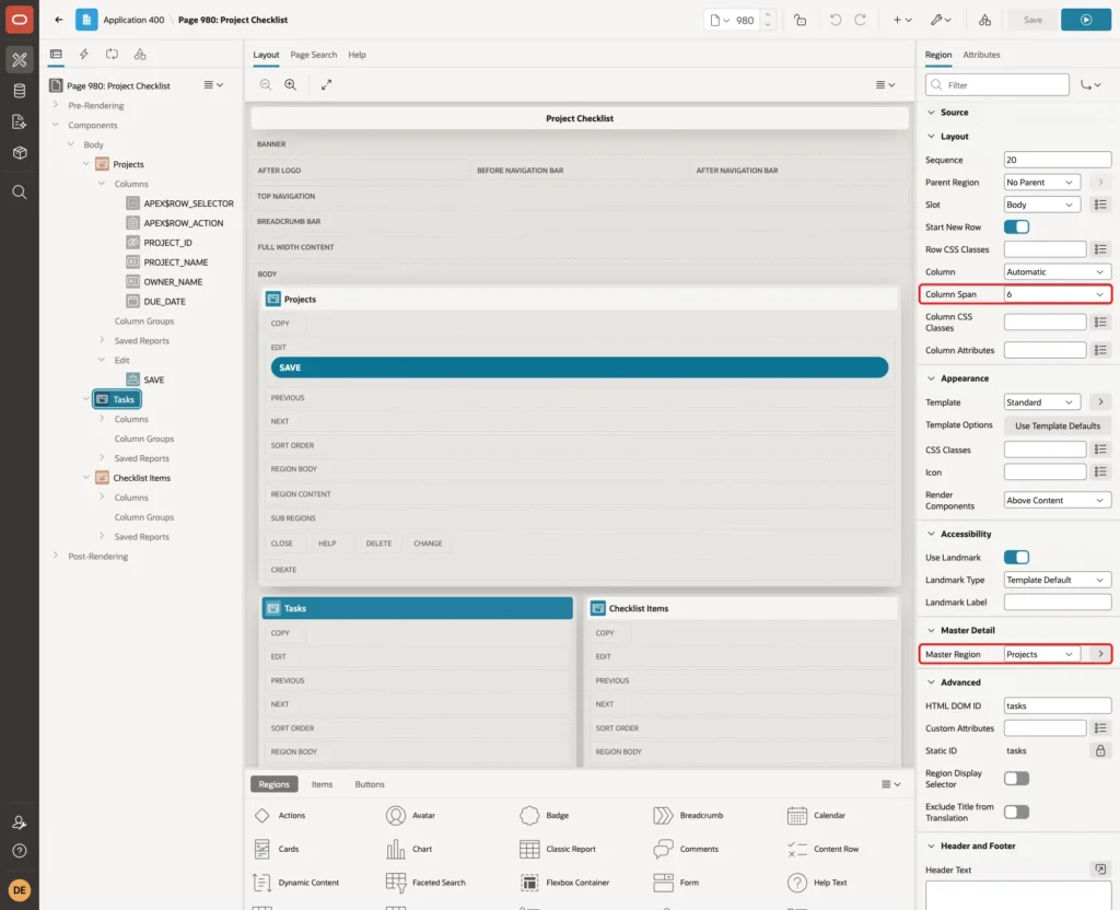 Tasks region with Layout Column Span 6 and Master Detail Master Region Projects marked with red boxes