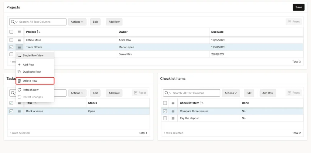 Row actions menu of the Team Offsite row with Delete Row marked with a red box