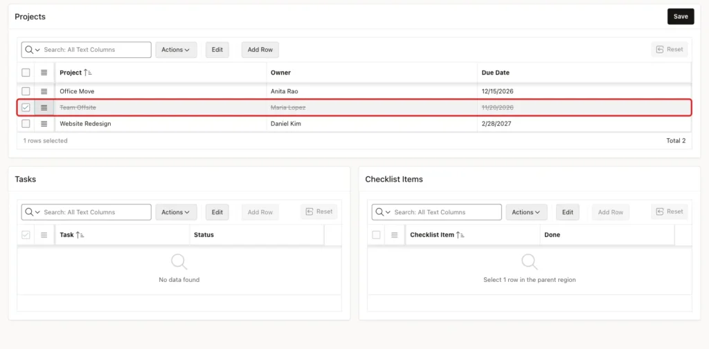 Team Offsite struck through as deleted, marked with a red box, with empty Tasks and Checklist Items grids