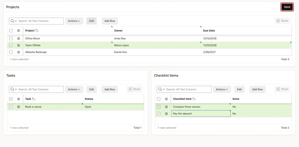 New project Team Offsite, new task Book a venue and two new checklist items shown in green, with the Save button marked with a red box