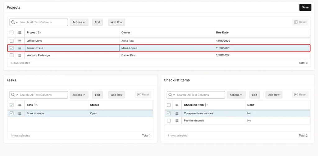 Team Offsite selected after saving, with the task Book a venue and its two checklist items