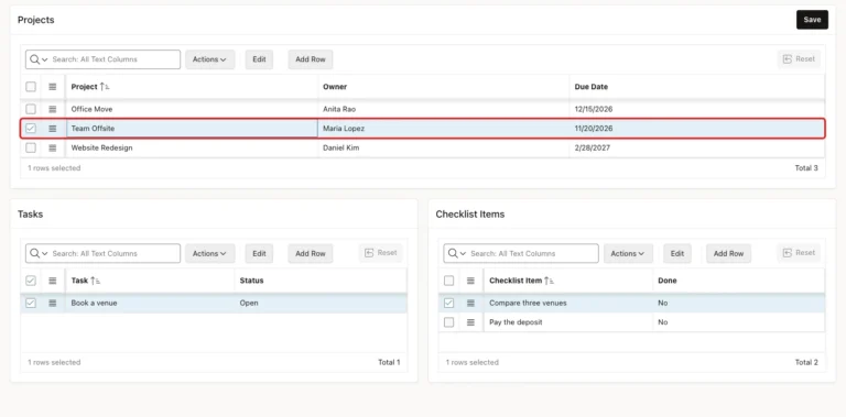 Team Offsite selected after saving, with the task Book a venue and its two checklist items