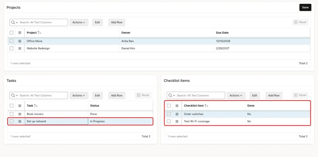 Set up network selected in the Tasks grid and the Checklist Items grid showing Order switches and Test Wi-Fi coverage, both marked with red boxes