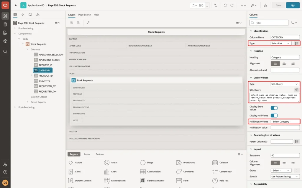 Page Designer showing the CATEGORY column with Type Select List, List of Values Type SQL Query with the query, and Null Display Value - Select Category - marked with red boxes