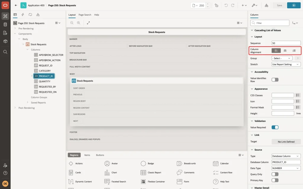 Page Designer showing the Layout group of PRODUCT_ID with Column Alignment start marked with a red box