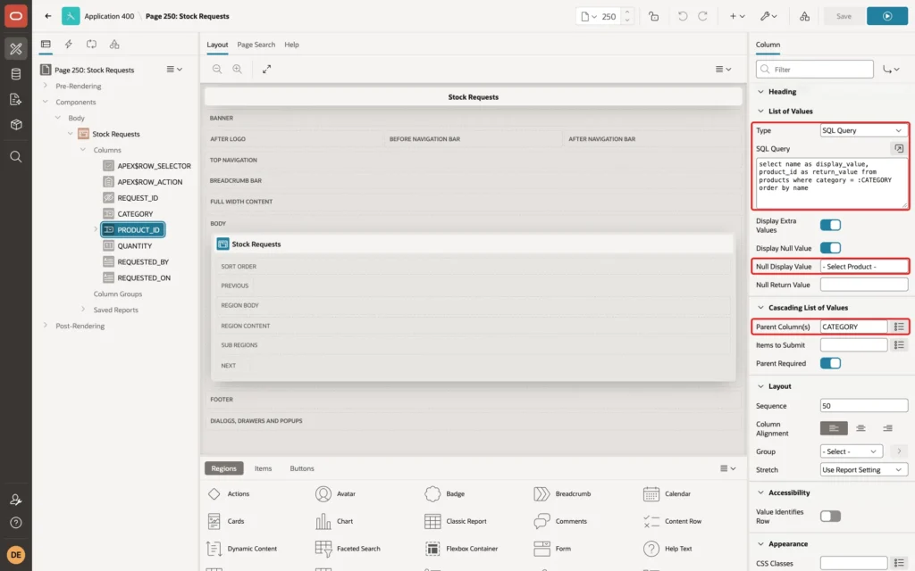 Page Designer showing PRODUCT_ID with List of Values Type SQL Query, the query with where category = :CATEGORY, Null Display Value - Select Product - and Parent Column(s) CATEGORY marked with red boxes