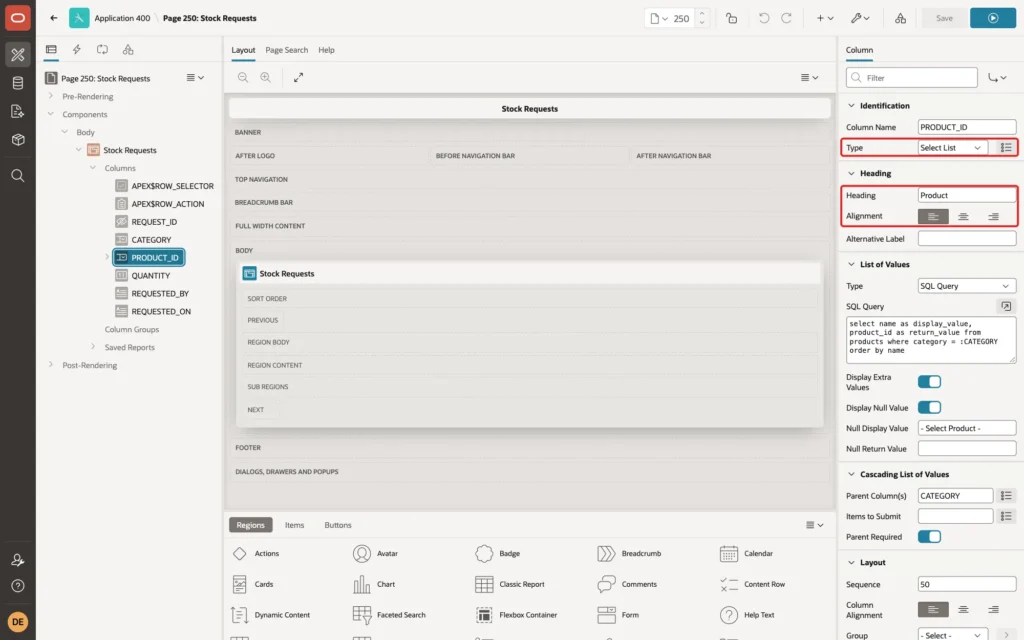 Page Designer showing the PRODUCT_ID column with Type Select List and Heading Product with Alignment start marked with red boxes