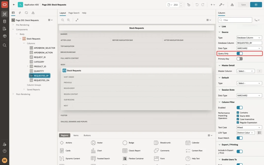 Page Designer showing the Source group of REQUESTED_BY with Query Only on, marked with a red box