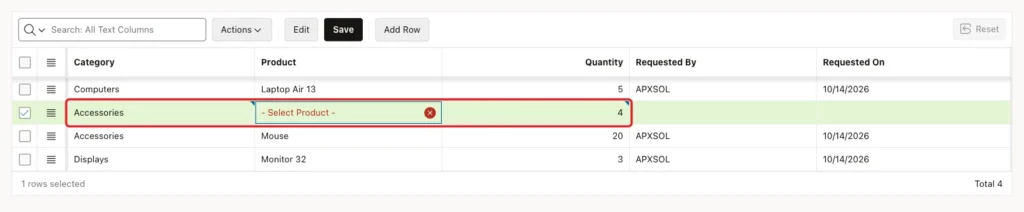 Grid row with Category Accessories, Product reset to - Select Product - with an error icon and Quantity 4, marked with a red box