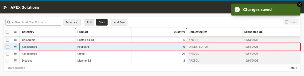 Stock Requests grid with the message Changes saved and the new row Accessories, Keyboard, 10, ORDER_EDITOR marked with a red box