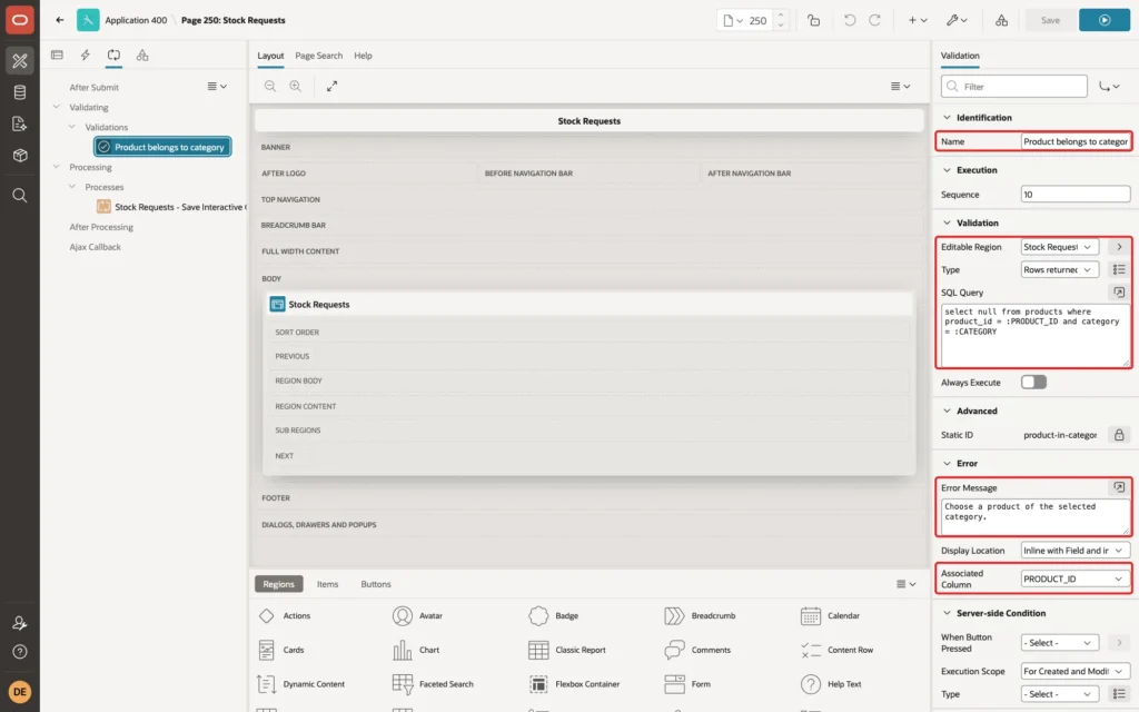 Page Designer showing the validation Product belongs to category with Editable Region Stock Requests, Type Rows returned, the query, Error Message and Associated Column PRODUCT_ID marked with red boxes