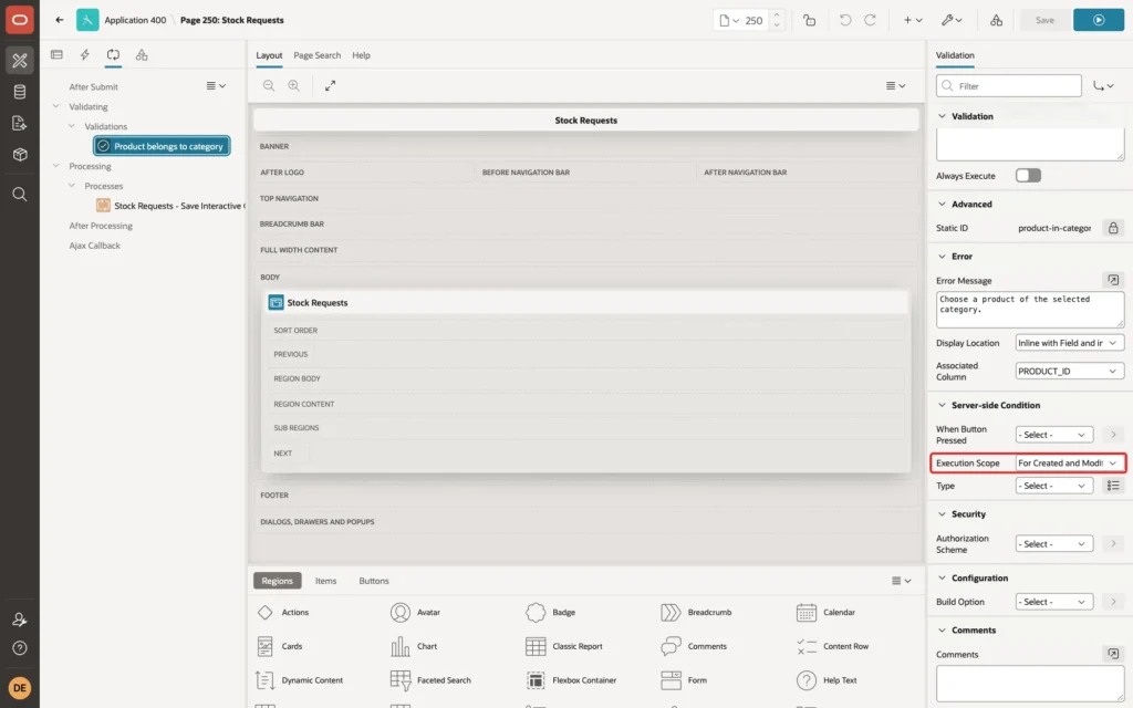 Page Designer showing the Server-side Condition group with Execution Scope For Created and Modified Rows marked with a red box