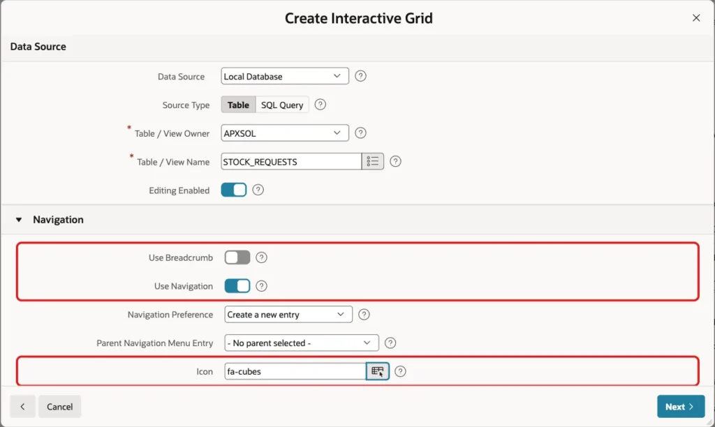 Create Interactive Grid wizard Navigation section with Use Breadcrumb off, Use Navigation on and Icon fa-cubes marked with red boxes