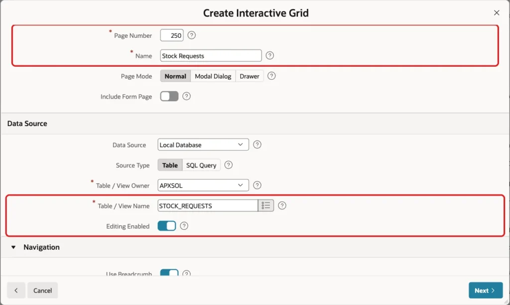 Create Interactive Grid wizard with Page Number 250, Name Stock Requests, Table / View Name STOCK_REQUESTS and Editing Enabled on, marked with red boxes