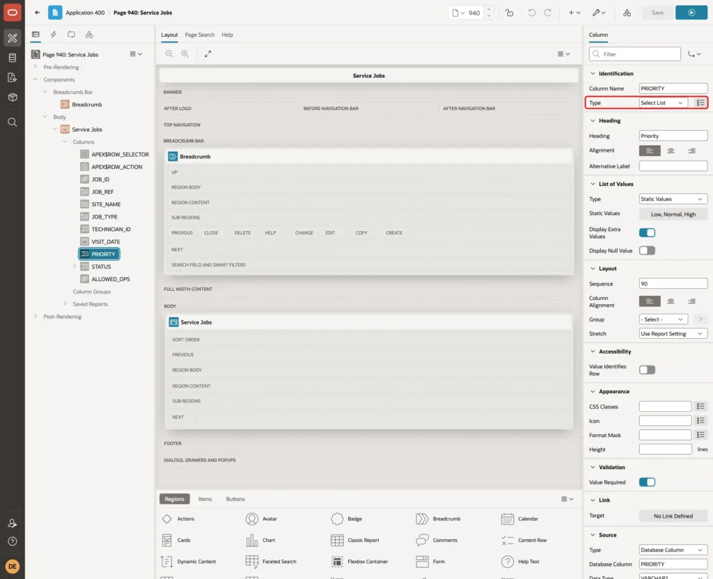 Column PRIORITY with Type Select List marked with a red box