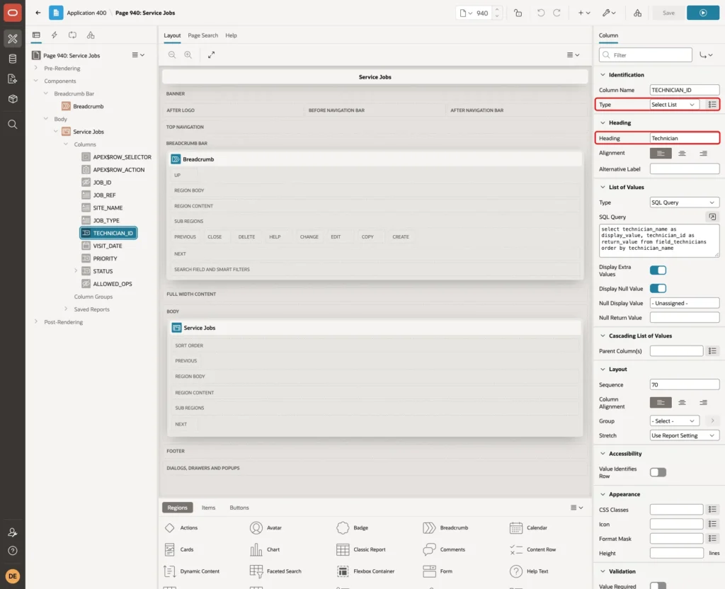 Column TECHNICIAN_ID with Type Select List and Heading Technician marked with red boxes