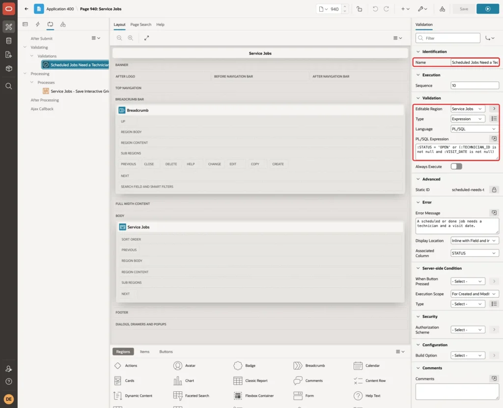 Validation with Name, Editable Region Service Jobs, Type Expression and the PL/SQL Expression marked with red boxes