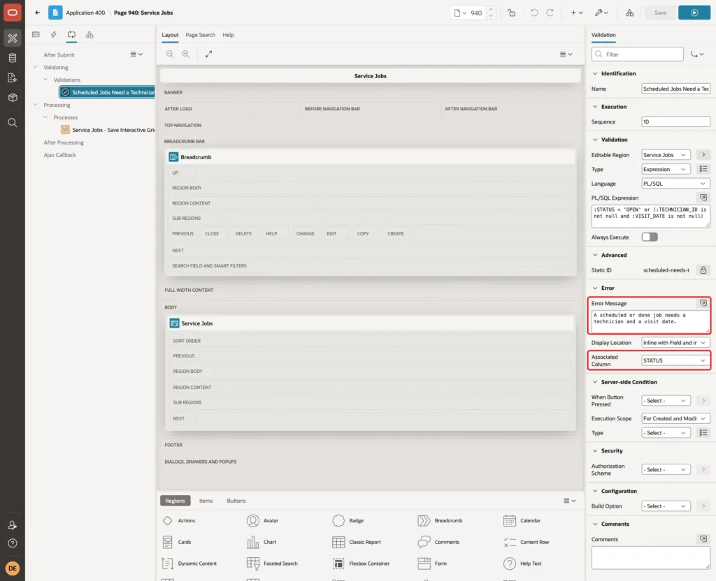 Error group with the Error Message and Associated Column STATUS marked with red boxes