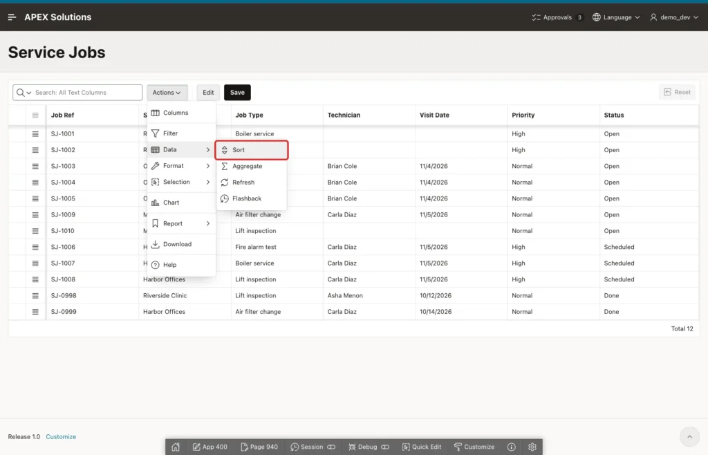 Actions menu with Data open and the Sort entry marked with a red box