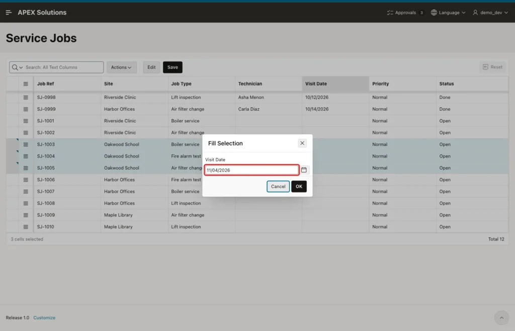 Fill Selection dialog with the Visit Date field set to 11/04/2026 marked with a red box