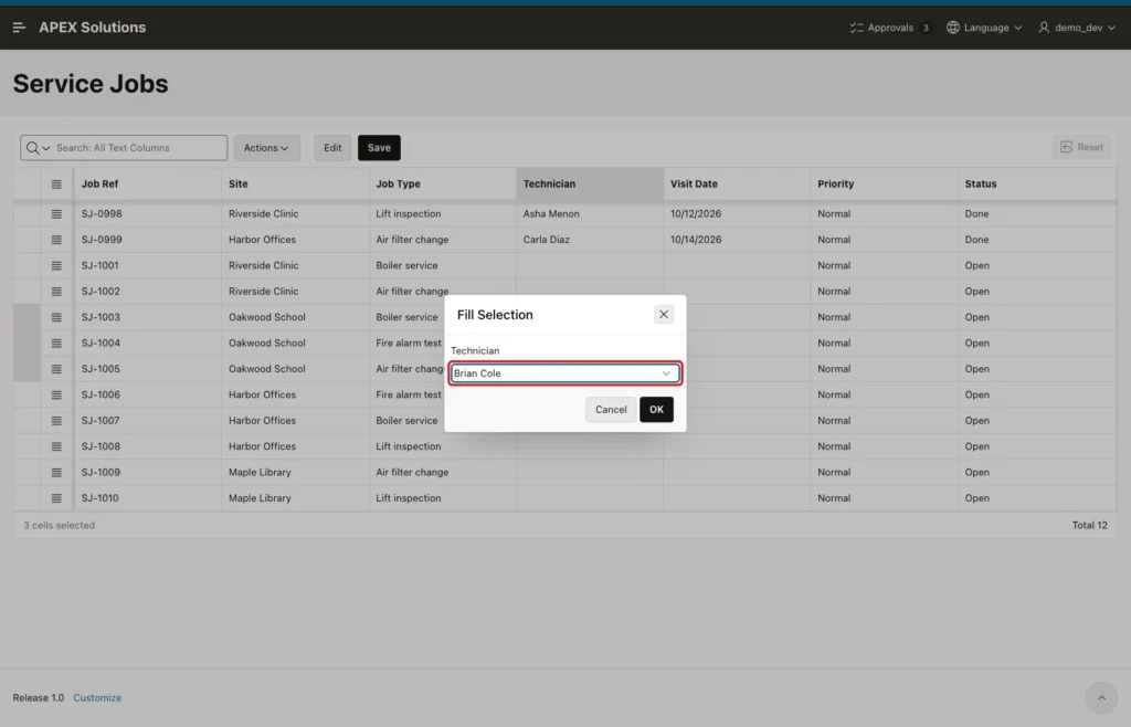 Fill Selection dialog with the Technician select list set to Brian Cole marked with a red box