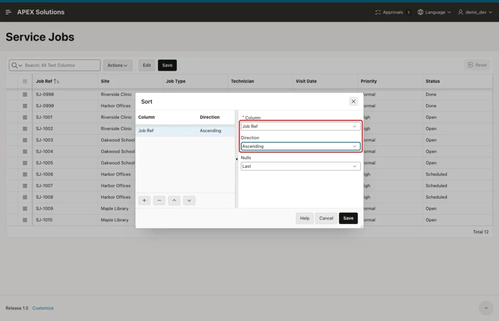 Sort dialog with Column Job Ref and Direction Ascending marked with a red box