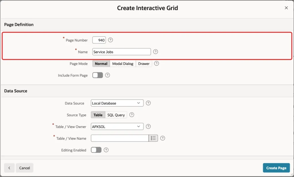 Create Interactive Grid screen with Page Number 940 and Name Service Jobs marked with a red box