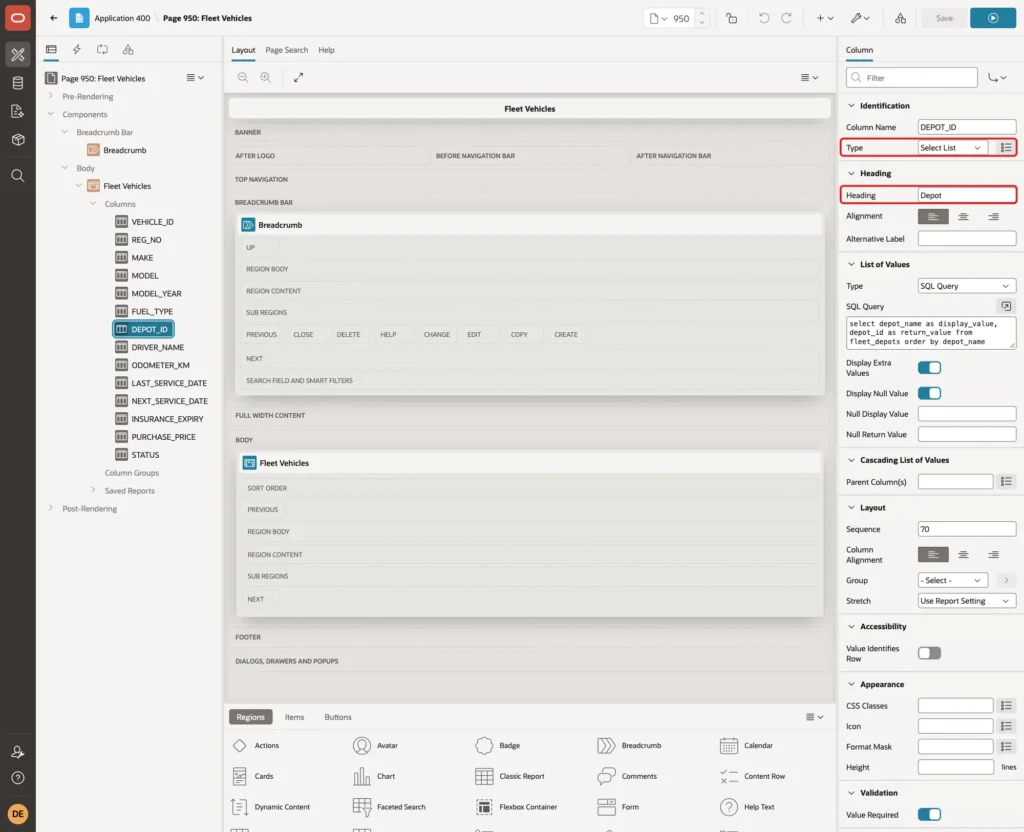 Column DEPOT_ID with Type Select List and Heading Depot marked with red boxes