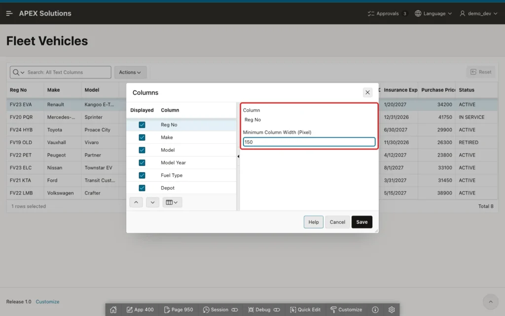 Columns dialog with Reg No selected and Minimum Column Width 150 marked with a red box