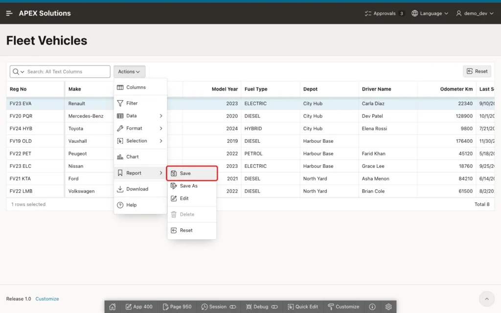 Actions menu with Report open and the Save entry marked with a red box