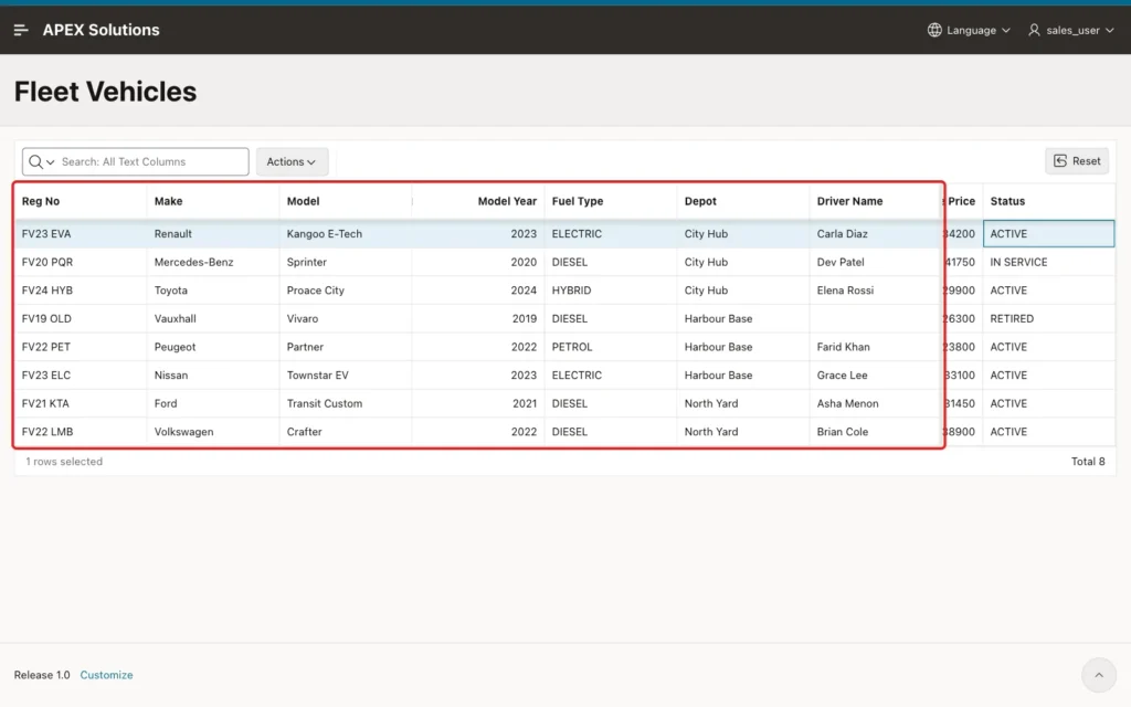 Grid with seven frozen columns from Reg No to Driver Name marked with a red box and little room left to scroll