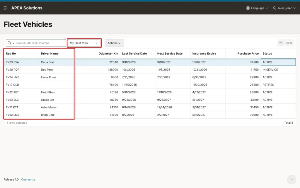 New session with My Fleet View selected and the frozen Reg No and Driver Name columns marked with red boxes