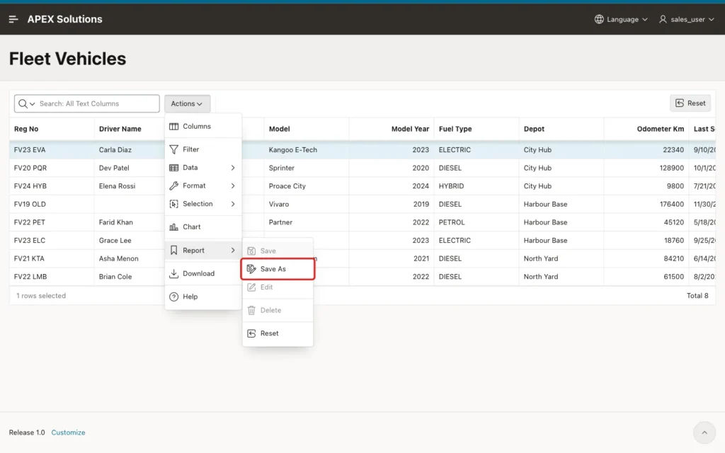 Actions menu with Report open and the Save As entry marked with a red box