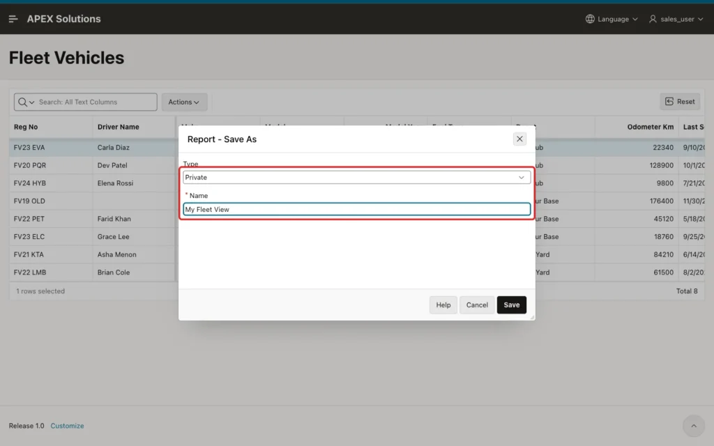 Report Save As dialog with Type Private and Name My Fleet View marked with a red box