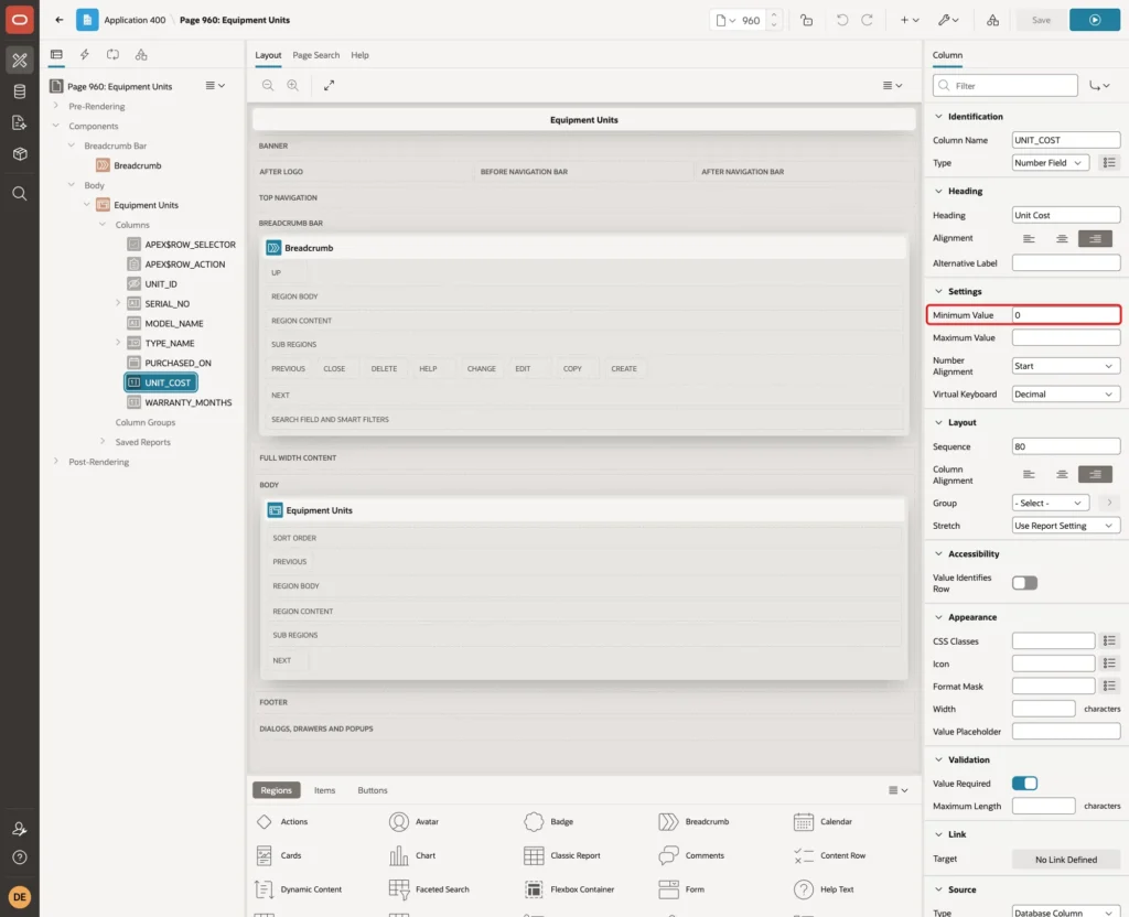 Column UNIT_COST with Settings Minimum Value 0 marked with a red box