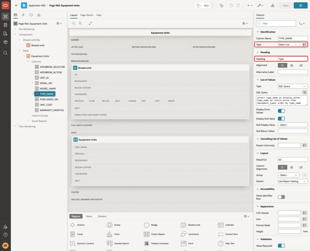 Column TYPE_NAME with Type Select List and Heading Type marked with red boxes