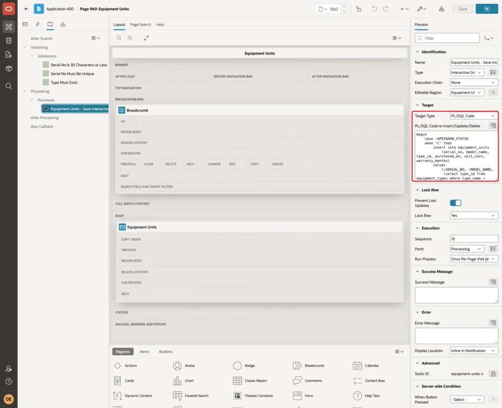 Save process with Target Type PL/SQL Code and the PL/SQL code marked with a red box