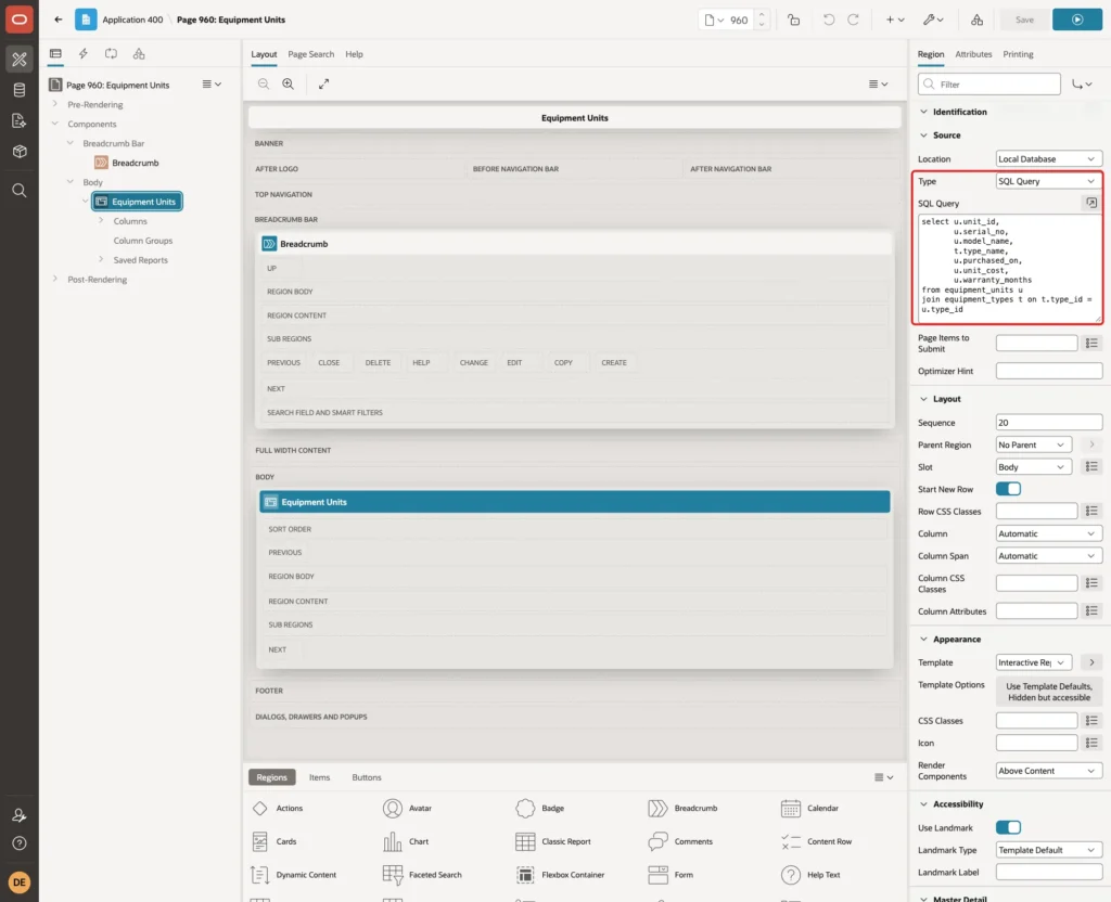 Page Designer with the Equipment Units region selected and Source Type SQL Query with the query marked with a red box