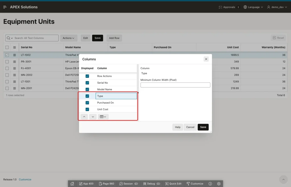 Columns dialog with Type below Model Name and the Move Up button marked with a red box