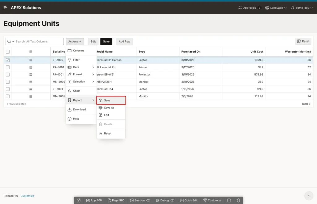 Actions menu with Report open and the Save entry marked with a red box