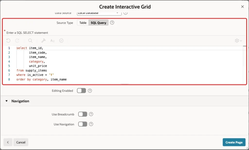 Data Source section with Source Type SQL Query and the supply items query marked with a red box