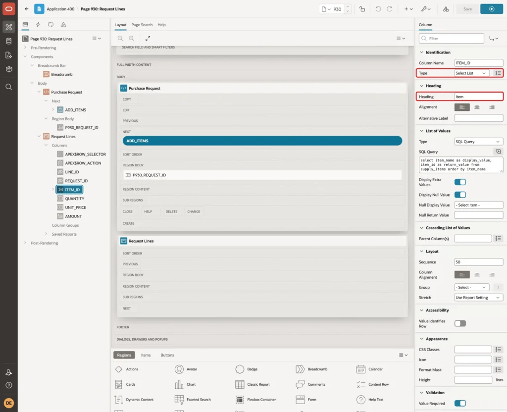 Column ITEM_ID with Type Select List and Heading Item marked with red boxes