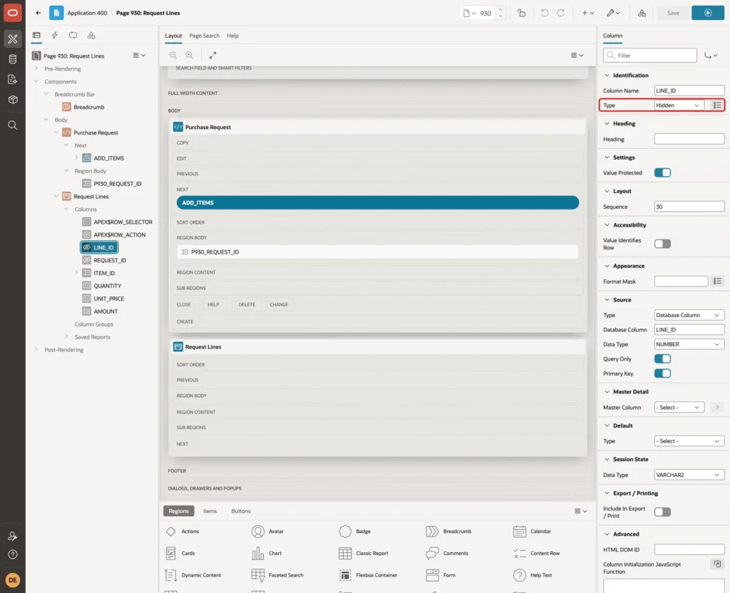 Page Designer with column LINE_ID selected and Type Hidden marked with a red box