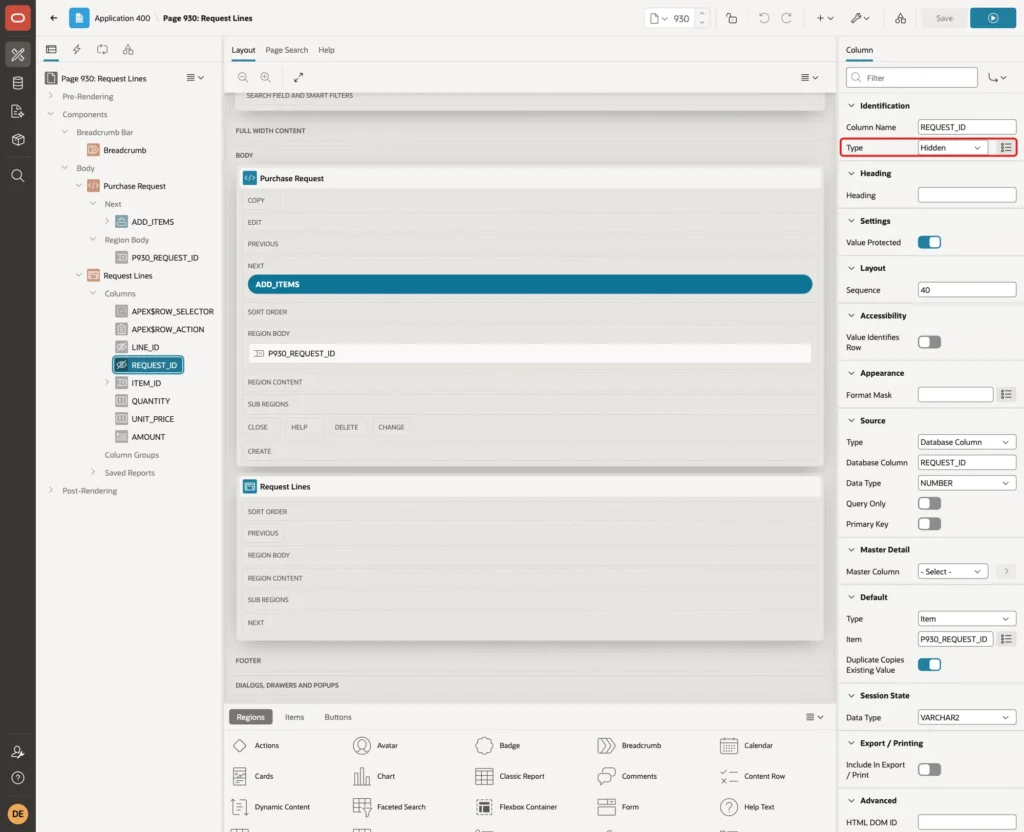 Column REQUEST_ID with Type Hidden marked with a red box