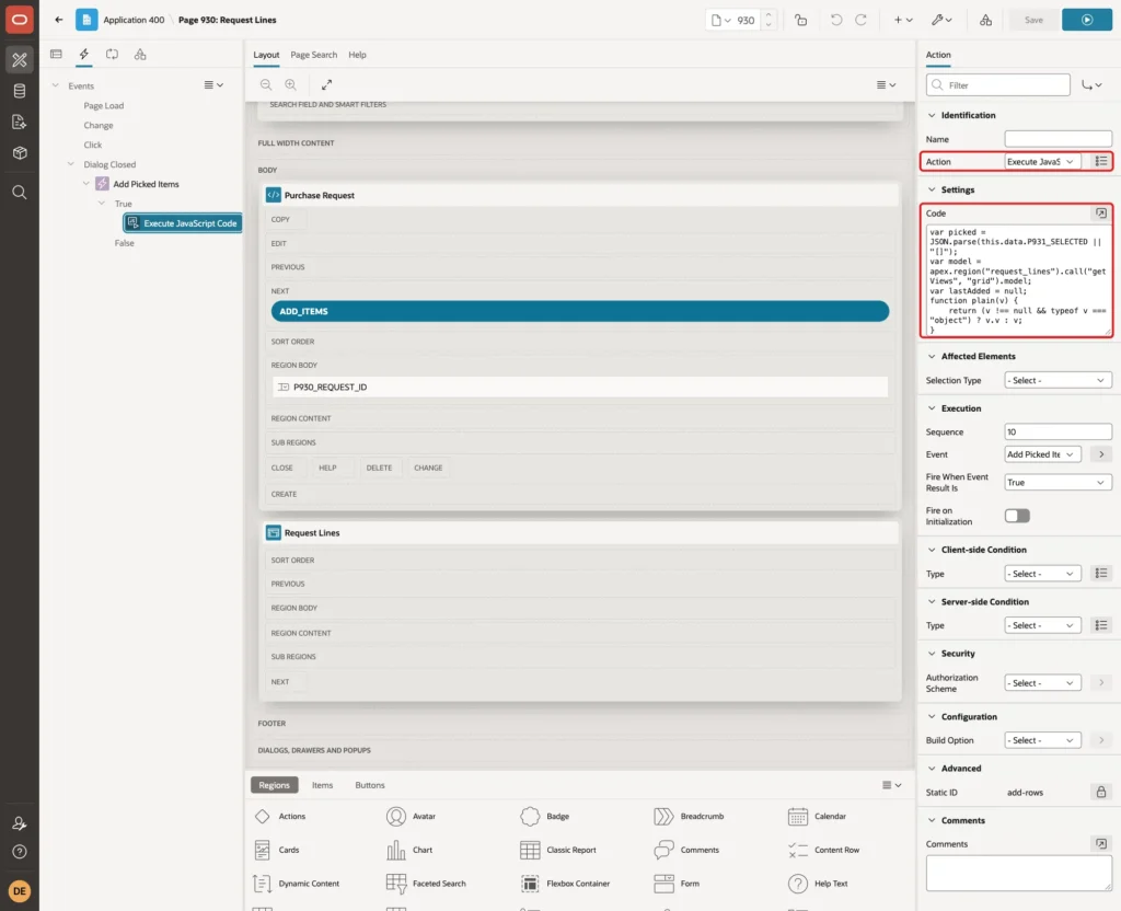 True action with Action Execute JavaScript Code and the code marked with red boxes