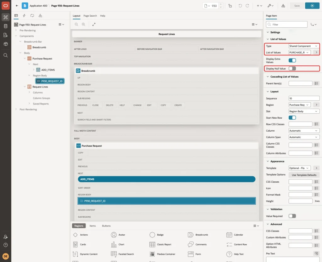 List of Values group with Type Shared Component, List of Values PURCHASE_REQUESTS.REQUEST_TITLE and Display Null Value off, marked with red boxes