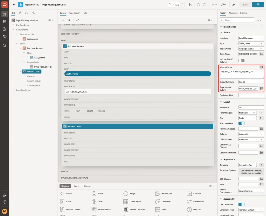 Source group of the Request Lines region with Where Clause, Order By Clause and Page Items to Submit marked with a red box