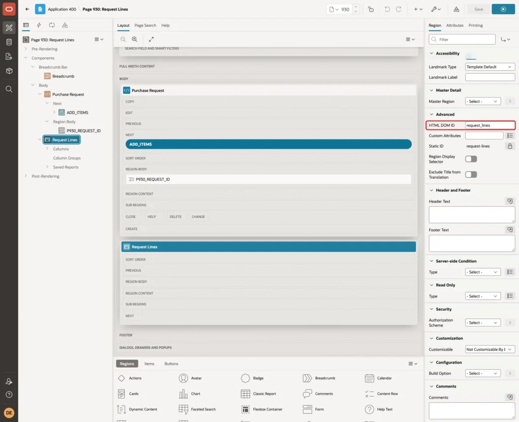 Advanced group with HTML DOM ID request_lines marked with a red box